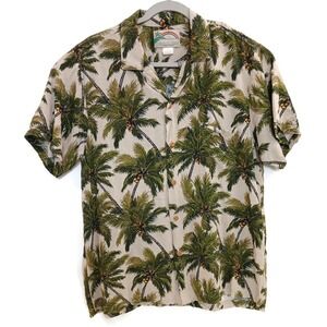 Paradise Found Shirt Mens Large Green Palm‎ Tree Hawaiian Aloha Made USA Rayon